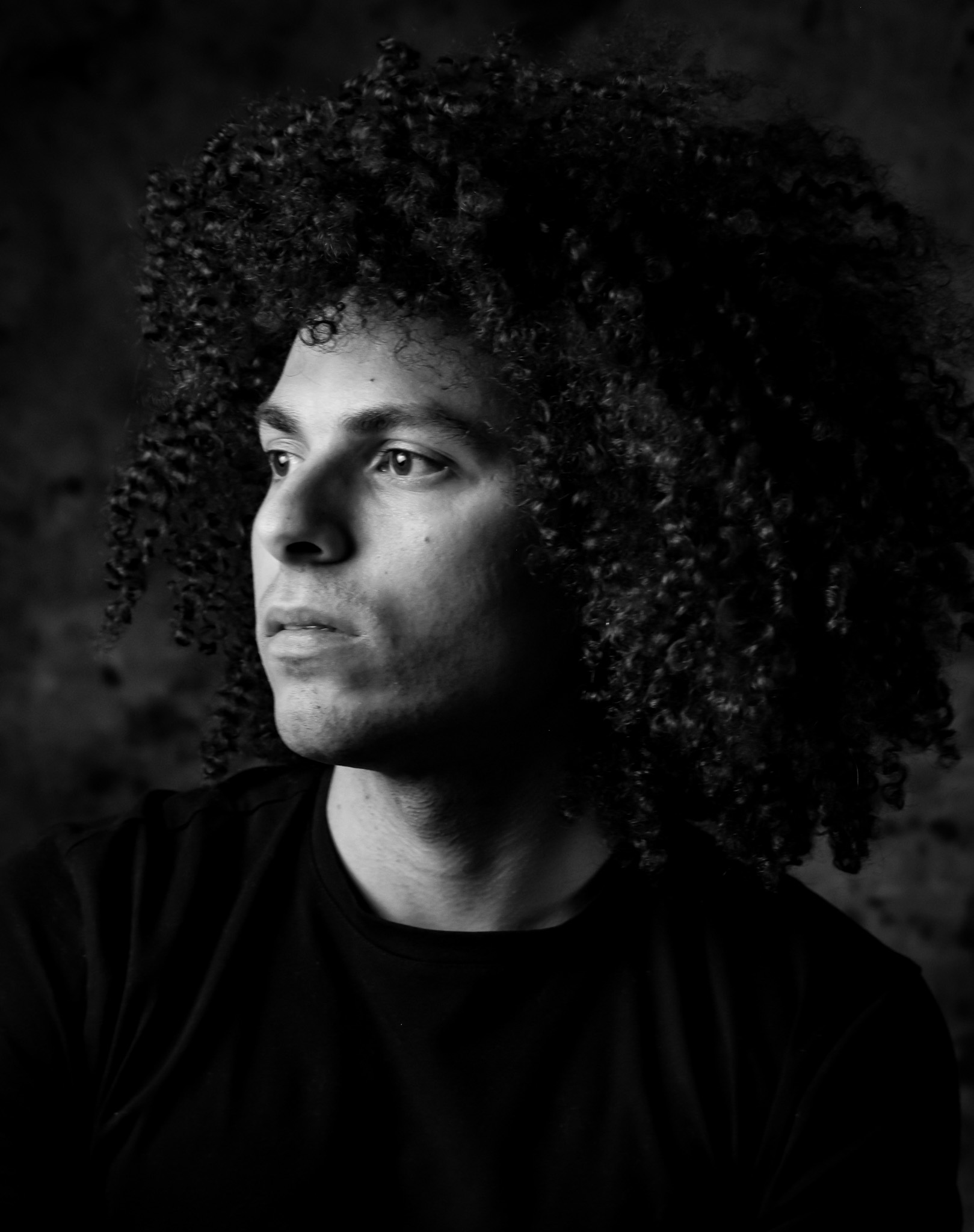 A striking black and white portrait of a man with voluminous curly hair. 