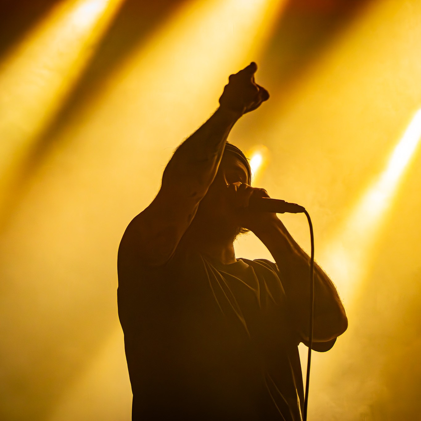 IDLES' frontman's silhouette against backdrop of yellow lights on stage